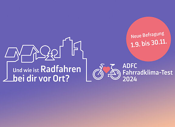 FKT Keyvisual 2024 Keyvisual ADFC Fahrradklima-Test 2024, zeigt die Skyline einer Stadt mit einem Fahrrad